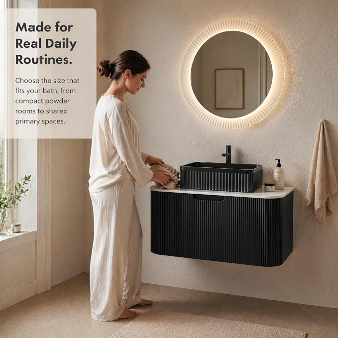 30 Inch Bathroom Vanity with Sink, Floating Wall Mounted Single Sink Vanity, Black Curved Fluted Front, Stone Top, Black Textured Rectangular Vessel Basin, Pre-Assembled