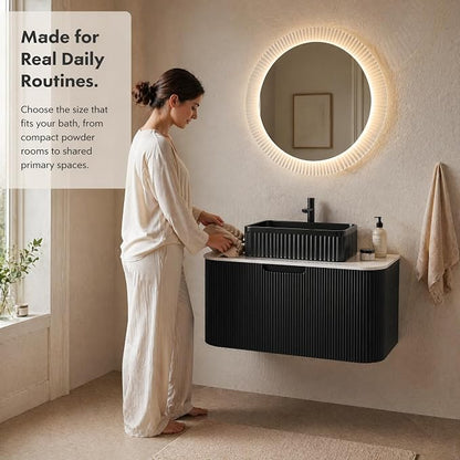 30 Inch Bathroom Vanity with Sink, Floating Wall Mounted Single Sink Vanity, Black Curved Fluted Front, Stone Top, Black Textured Rectangular Vessel Basin, Pre-Assembled
