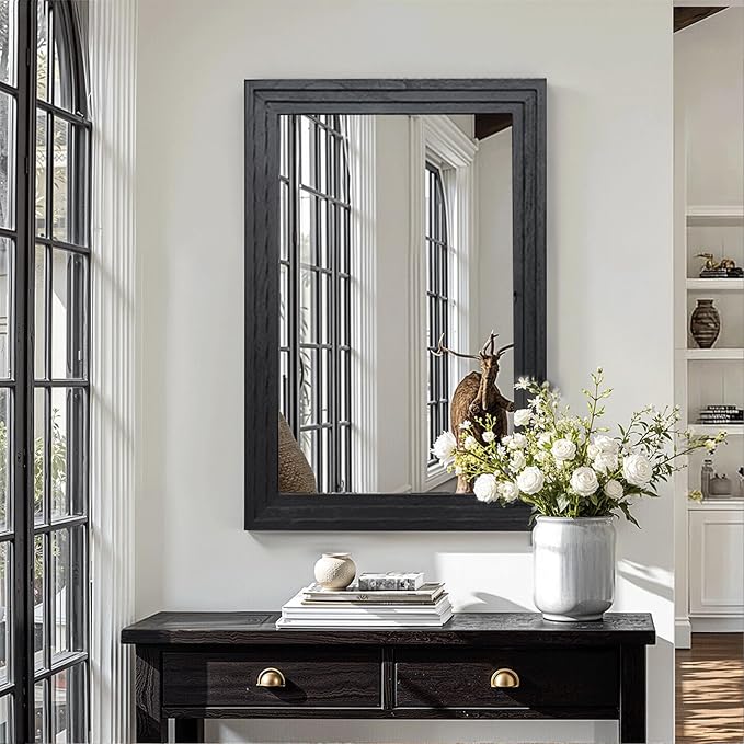 Farmhouse Rustic Wood Framed Bathroom Vanity Mirror for Wall, 20x30, Black | Recessed Stepped Solid Wood Frame, HD Shatterproof Glass, Vertical/Horizontal Mount, for Bathroom Sink, Living Room, Entryway