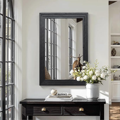 Farmhouse Rustic Wood Framed Bathroom Vanity Mirror for Wall, 20x30, Black | Recessed Stepped Solid Wood Frame, HD Shatterproof Glass, Vertical/Horizontal Mount, for Bathroom Sink, Living Room, Entryway