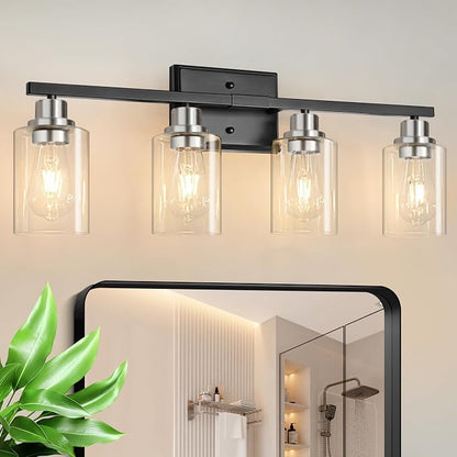 Unicozin Modern Bathroom Light Fixtures, 4 Light Vanity Lights Over Mirror, Black and Brushed Nickel Wall Lamp with Clear Glass for Living Room Cabinet Bedroom Porch