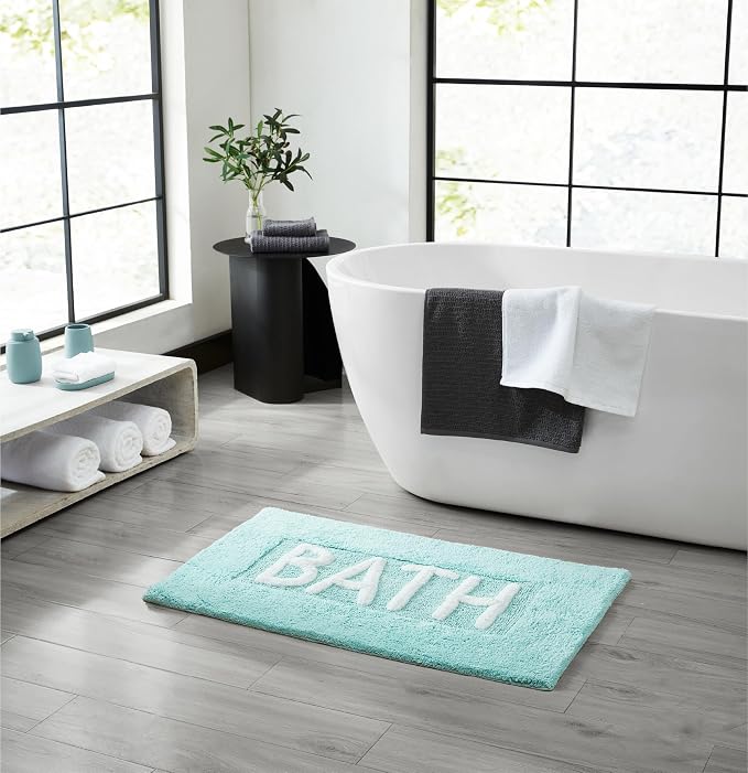 Creative Home Ideas Cotton Bath Rug - Soft Cotton Bath Mat - Bathroom Decor - Water Absorbent and Machine Washable - Measures 21"x34" - "Bath" - Aqua Blue