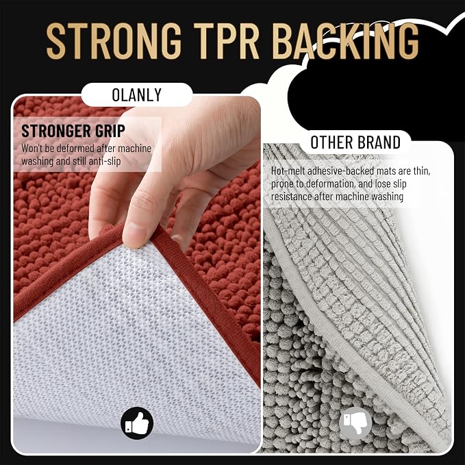 OLANLY Bathroom Runner Rugs 44x24, Chenille Bath Rugs, Rustic Terracotta | Rubber Backing, Machine Wash, Extra Absorbent Striped Bath Mats for Bathroom Floor, Tub and Shower, Home Decor Accessories