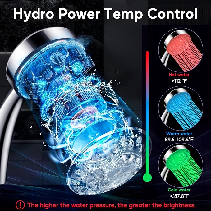 LED Shower Head with High Pressure 10” Rain Shower Head, 11” Extension Arm | Color Changing Based On Water Temperature Handheld showerhead, Stainless Steel, 60" Hose, Chrome