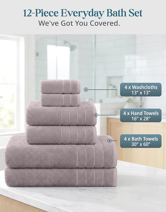 Casa Platino Towel Set Quick Dry 100% Cotton 12 Piece Soft - Platinum | Set Of Towels - Ring-Spun Durability, Ring-Spun Cotton, Terry Weave Comfort, Long-Lasting Comfort, Hotel-Style Look