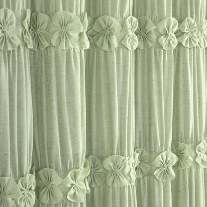 Ruffle Farmhouse Linen Shower Curtain with Vintage Bow Green 72" W x 72" H | Linen Blend Fabric, Ruffle Bow and Ruffled Hem，Linen Texture，Machine Washable，12 Metal Holes and Plastic Hooks