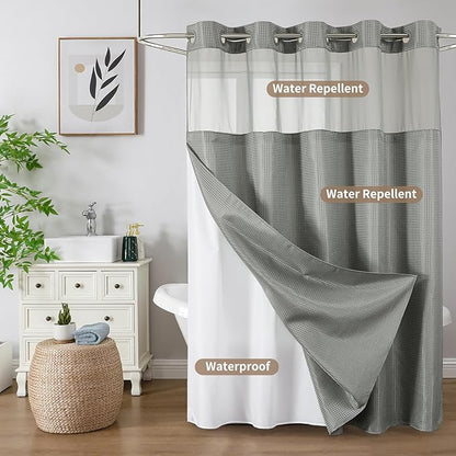 Colorful Star No Hook Shower Curtain with Snap in Fabric Liner, Waffle Weave Heavy Duty Thick Shower Curtains with Mesh Top Window, Hotel Style Waterproof Bathroom Curtain Set, 72 x 87 Inch, Grey