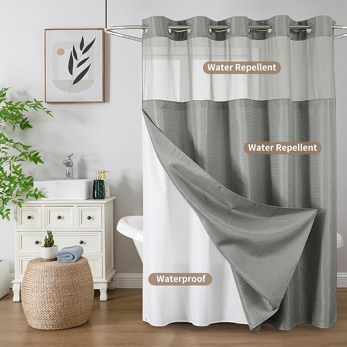 Colorful Star Waffle Weave No Hook Shower Curtain Set, 72 x 75 Inch, Grey | Heavy Duty Thick Shower Curtain Sets with Snap in Fabric Liner and Mesh Top Window, Hotel Style Waterproof Bathroom Curtain