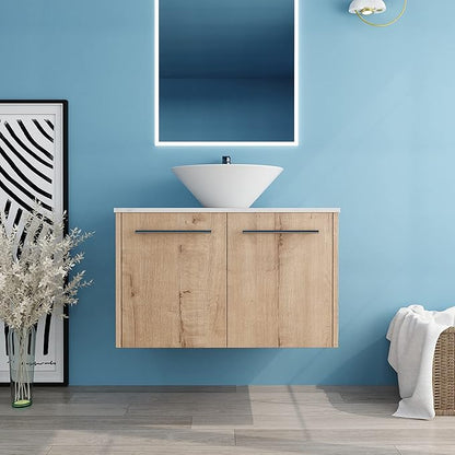 30" Floating Vanity with Sink, 30 Inch Bathroom Vanity with Sink, Modern Plywood Floating Cabinet with Sintered Stone Countertop and White Ceramic Basin, Soft Close Doors