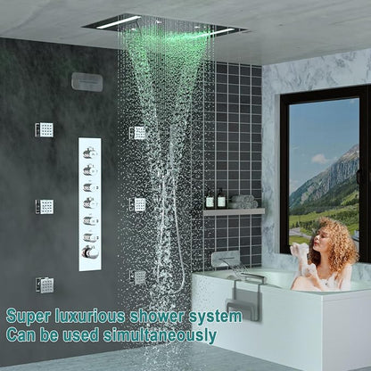 HOMEDEC LED Multi Functions Full Body Shower System with 6pcs Body Jets Spray with（Up/Down ）Shower Spout, Large 3 In 1 Modes 14x20inch Showerhead, Rainfall Mist Shower Faucet Set Complete, Chrome