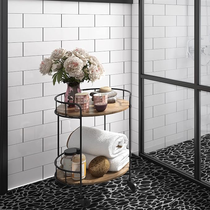 SUNWINGS 10-Sheet Pebble Tile for Shower Floor Border Kitchen Bathroom Backsplash, Black Marquina Recycled Glass Marble Stone Looks Wall and Floor Tile, Covers 7.9 Sq. Ft