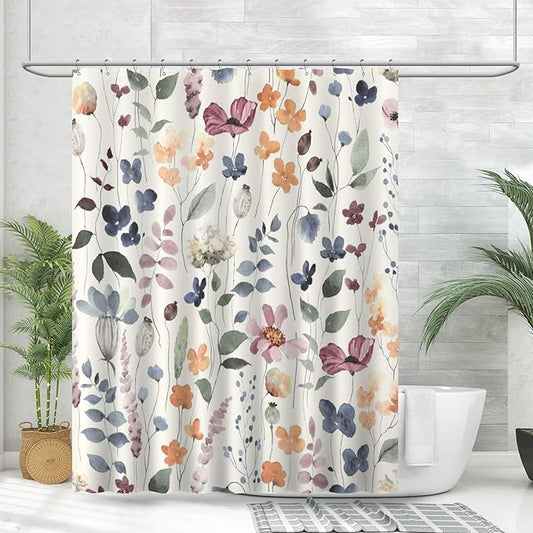 Amaredom Ink Floral Shower Curtain, Colorful Flower Shower Curtain for Bathroom, Waterproof Fabric Shower Curtain Set, Bathroom Decoration with 12 Hooks 72x72 Inches