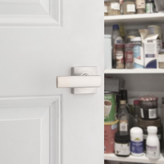 Kwikset Breton Dummy Door Handle 2 Pack, Single Sided Lever for Closets, French Double Doors, and Pantry, Satin Nickel Non-Turning Reversible Interior Push/Pull Lever, with Microban Protection