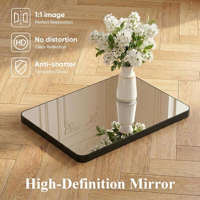 Sweetcrispy Bathroom Wall Mirror, Vanity Mirror for Over Sink, 30x40 Inch | Matte Metal Frame, Rounded Rectangle, Wall Mount, Over Sink, Living Room, Bedroom, Home Decor, Black