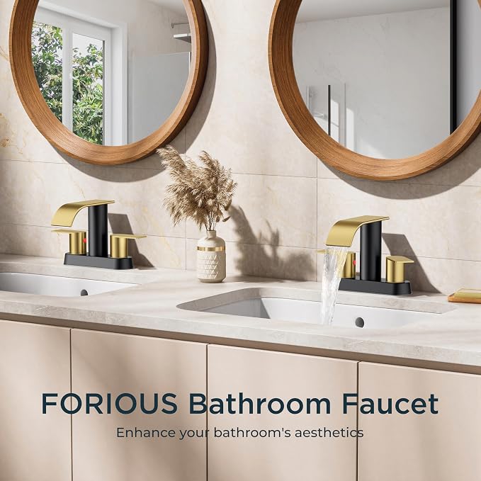 FORIOUS Bathroom Faucet 4 Inch Centerset 2 Hole Waterfall Black and Gold | Bathroom Sink Faucet 2 Handles with Pop up Drain and cUPC Hose, Lead-Free, Suitable for RV Vanity Lavatory and Restroom