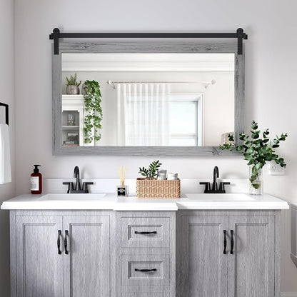 COGOOD Farmhouse Bathroom Mirrors for Over Sink - 30 x 49 Grey | Rustic Barn Door Wood Framed Vanity Mirror for Entryway, Living Room, Bedroom, Dresser Wall Decor