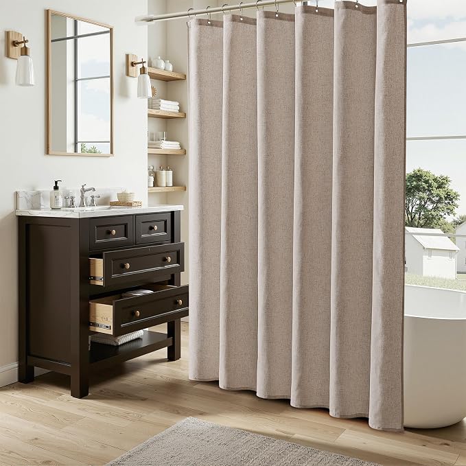 Linen Shower Curtain 78 Inch Long Shower Curtains Set with Hooks for Bathroom Boho Farmhouse Fabric Neutral Cloth Modern Cottage Core Waterproof,Sand Beige
