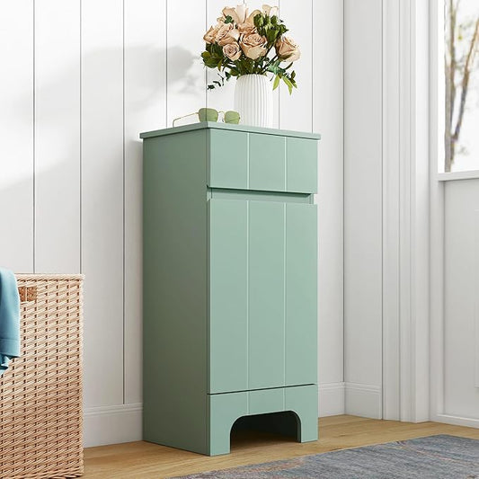 Small Bathroom Cabinet with Adjustable Shelves, Drawer, Anti-Tip Design, 14.96" L x 11.81" W x 32.09" H, Durable MDF for Bathroom, Kitchen, Laundry Storage, Soft-Close Door