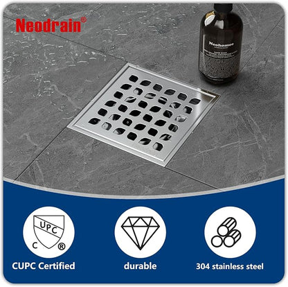 Neodrain 4 in Brushed Square Shower Drain w/Removable Grate &Drain Key | 304 Stainless Steel Shower Drain, ABS Bonding Flange Base for Low Profile Shower Pan, CUPC Certified