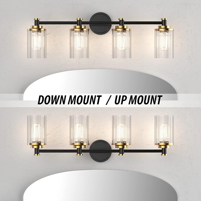 Bathroom Lighting Fixtures Black and Brass Bathroom Vanity Light with Cylindrical Clear Stripes Glass Lampshade E26 Socket Base Bathroom Lighting Fixtures Over Mirror (4 Lights)