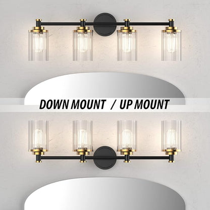 Bathroom Lighting Fixtures Black and Brass Bathroom Vanity Light with Cylindrical Clear Stripes Glass Lampshade E26 Socket Base Bathroom Lighting Fixtures Over Mirror (4 Lights)