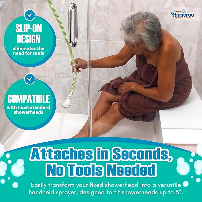Rinseroo Slip-On Handheld Shower Attachment Hose w/Spray Head | Seated Bathing, Converts Fixed Shower Head, Portable No-Install, For Seniors & RV, Gravity Fed