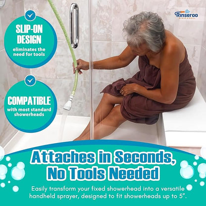 Rinseroo Slip-On Handheld Shower Attachment Hose w/Spray Head | Seated Bathing, Converts Fixed Shower Head, Portable No-Install, For Seniors & RV, Gravity Fed