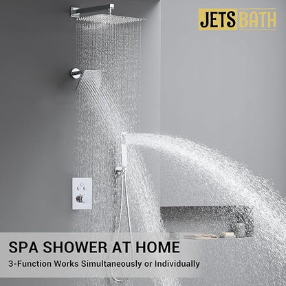 Thermostatic Dual Shower System with Wall Mount 12-Inch Rainfall Shower & 6-Inch Shower Head, Bathroom Shower Faucet Set with High Pressure Handheld Sprayer, Included Valve and Trim (Chrome)