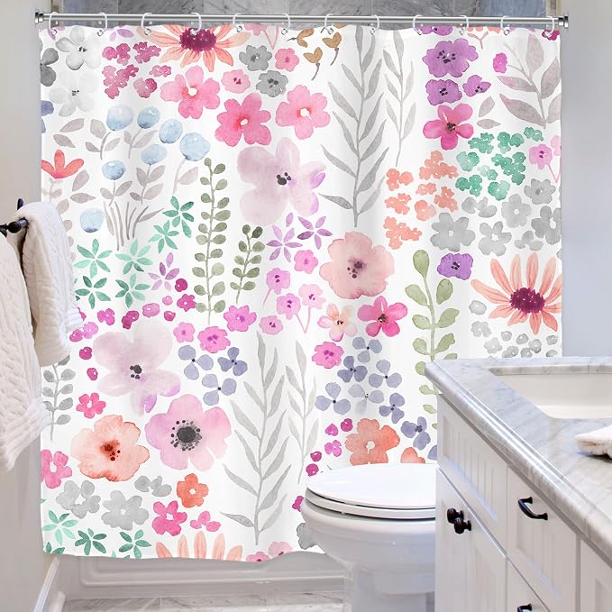 Hot Pink Floral Purple Colorful Cute Funny Art Bathroom Shower Curtain Set | 72"W x 72"H Botanical Leaves; waterproof HD print, quick-dry fabric with 12 hooks for easy hanging.