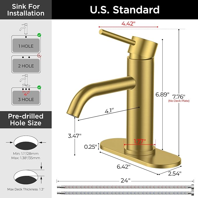 FORIOUS Bathroom Faucet 1 Hole, Single Handle Sink Faucets Brushed Gold | for 1 or 3 Hole 4 Inch Centerset Sink, with Pop-up Drain, NSF61 Certified, for Vanity Rv Commercial Lavatory Restroom Basin