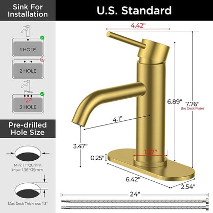 FORIOUS Bathroom Faucet 1 Hole, Single Handle Sink Faucets Brushed Gold | for 1 or 3 Hole 4 Inch Centerset Sink, with Pop-up Drain, NSF61 Certified, for Vanity Rv Commercial Lavatory Restroom Basin