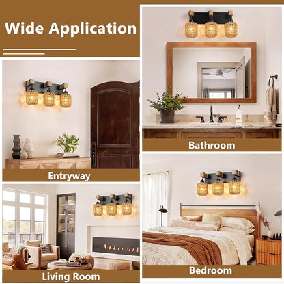 LmnLvn 3-Light Bathroom Vanity Light, Boho Farmhouse Rattan Handwoven Shade | Wood & Metal Frame, Rattan Vanity Light Design, Mounted Over Mirror, Easy To Install for Restroom, Bedroom & Hallway