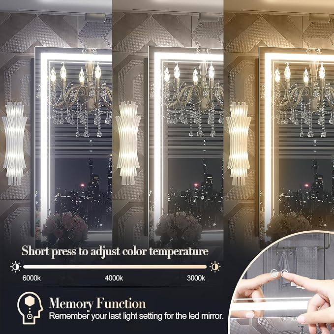 OKPAL 40x36 LED Bathroom Mirror with Lights, Anti-Fog Lighted Bathroom Mirror, Dimmable Lighted Mirrors for Bathroom Wall, LED Vanity Mirror, Shatterproof, ETL Listed, Horizontal/Vertical