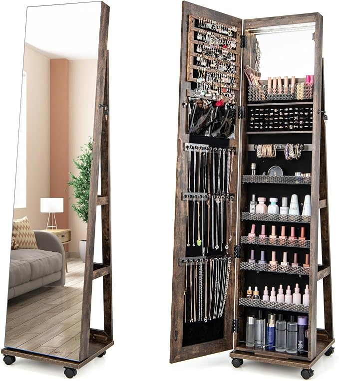GOFLAME Jewelry Cabinet with Full Length Mirror, Lockable Jewelry Storage Organizer with Wheels, 3-Color LED Lights, Inner Mirror, Freestanding Jewelry Armoire with Rear Storage Shelves, Rustic Brown
