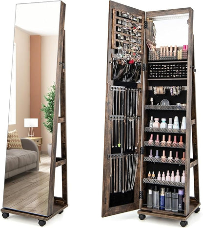 GOFLAME Jewelry Cabinet with Full Length Mirror, Lockable Jewelry Storage Organizer with Wheels, 3-Color LED Lights, Inner Mirror, Freestanding Jewelry Armoire with Rear Storage Shelves, Rustic Brown