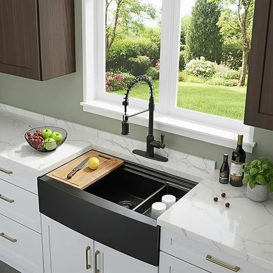 KINGO HOME 33 inch Black Farmhouse Sink, 16 Gauge Double Ledges Stainless Steel Farmhouse Kitchen Workstation, Apron Front Deep Single Bowl Kitchen Farm Farmer Style Sinks 33"x20"x9