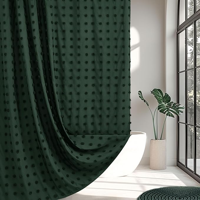 Extra Long Boho Farmhouse Woven Fabric Dark Green Shower Curtain, 72 x 78 Tufted Pleat Floral Puffs Textured Modern Farmhouse Minimalist Hunter Green Shower Curtain for Bathroom