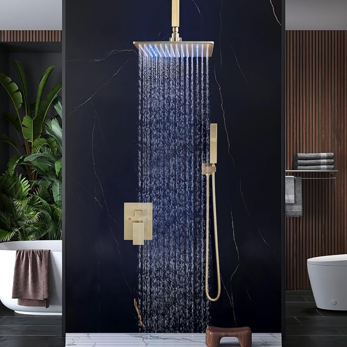 Aolemi Ceiling Shower Faucet Set with Handheld 10" LED Head Brushed Gold | Handheld Spray,10 Inch Rain LED Head,Shower Valve and Trim Kit,All Metal,Ceiling System,Bathroom Mixer