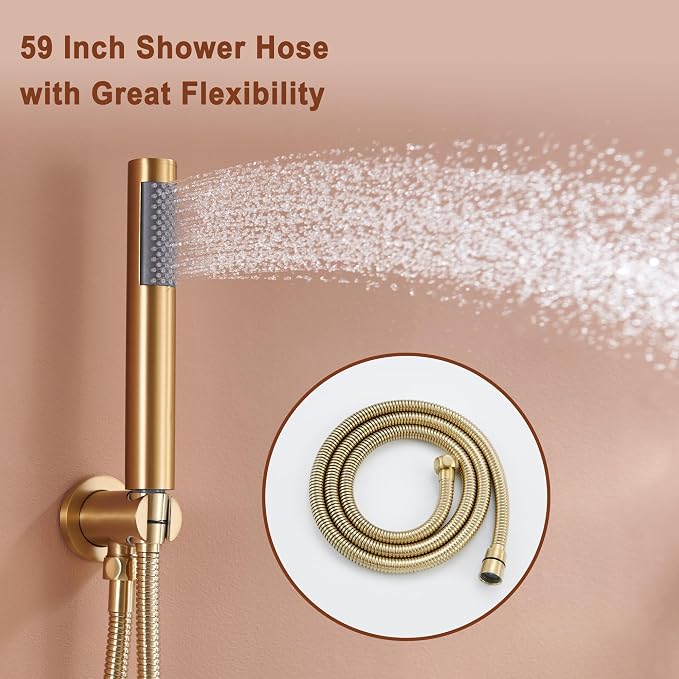 MONDAWE 12 Inch Ceiling Mounted Brushed Gold Shower System, 3-Functions Shower Faucet Set with Rainfall Dual Shower Head and High Pressure Handheld Spray, All Function Can be Used At the Same Time