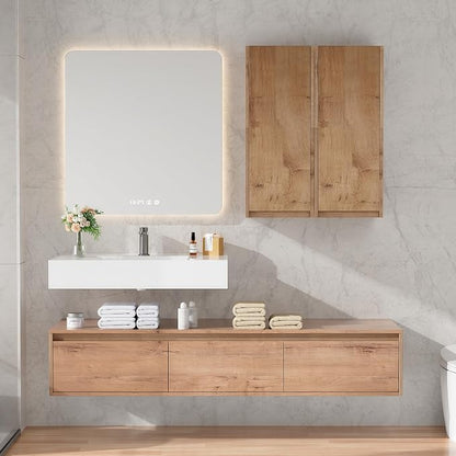 60 Inch Floating Bathroom Vanity with Single Sink, Modern Wall-Mounted Bathroom Cabinet with Resin Sink & Soft Close Drawers & Side Cabinet, Split-level Layout (Nature Oak, 60"+2 side cabinets)