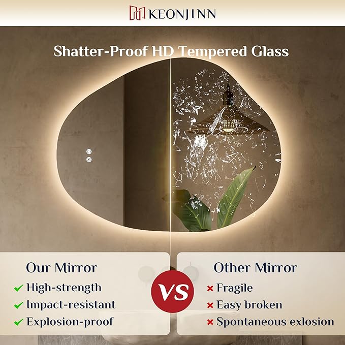 Keonjinn Irregular Backlit Mirror 24 x 30 Inch, Asymmetrical LED Bathroom Mirror with HD Tempered Glass, UL-Listed LED Driver, Stepless Dimmable with 3 Colors, Safe Defogging(Horizontal/Vertical)