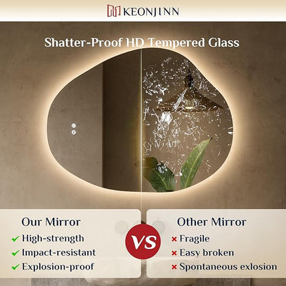 Keonjinn Irregular Backlit Mirror 24 x 30 Inch, Asymmetrical LED Bathroom Mirror with HD Tempered Glass, UL-Listed LED Driver, Stepless Dimmable with 3 Colors, Safe Defogging(Horizontal/Vertical)