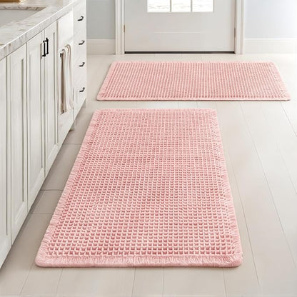 MIULEE Set of 2 Waffle Bathroom Rugs Boho Bath Mat Pink 18x30 Inch | Non Slip, Super Absorbent, Washable, Ultra Soft, Rubber Backed Bath Rugs for Bathroom Floor Tub Shower