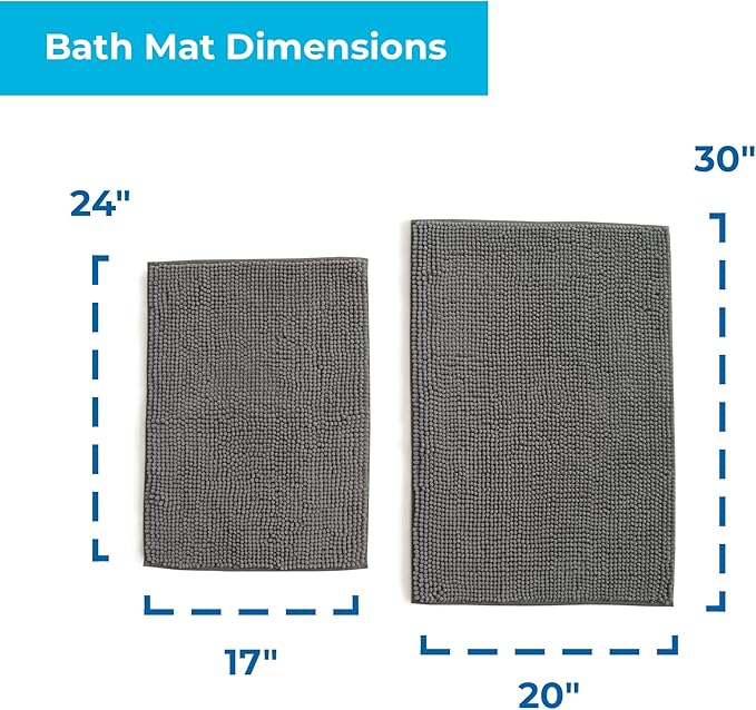Linenspa Chenille Bath Mat Set — 2 Piece, Non Slip, Water Absorbent, Fast Drying, Machine Washable, Bath Rug For Bathroom - Dorm Room Essentials