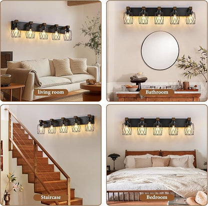Farmhouse 5-Light Wood Bathroom Vanity Light, Black Metal Cage Shade | Mounted Over Mirror, Industrial Rustic Style, Ideal for Bathroom, Bedroom, Hallway & Living Room, Easy To Install