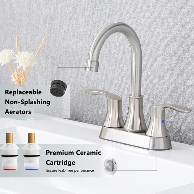 Friho 4 Inch Centerset Bathroom Faucet 2 Pack, 3 Hole Brushed Nickel Lead-Free 2-Handle RV Commercial Vanity Faucet with Drain Stopper & Supply Hoses