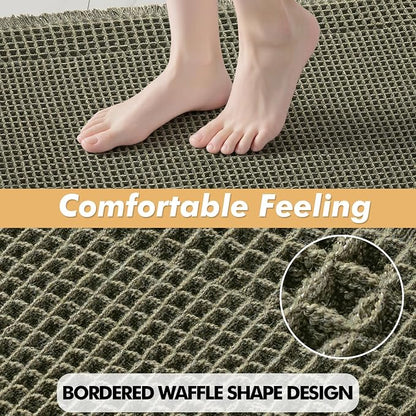 MIULEE Set of 2 Waffle Bathroom Rugs Bordered Mat Green 17"x24"+18"x30" | Non Slip, Super Absorbent, Washable, Ultra Soft, Rubber Backed Bath Rugs for Bathroom Floor Tub and Shower, Boho Decor