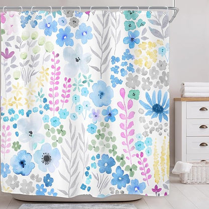 Blue Grey Floral Cute Boho Wildflower Trendy Bathroom Shower Curtain Set | 72"W x 72"H Watercolor Leaves; waterproof HD print, quick-dry fabric with 12 hooks for easy hanging.
