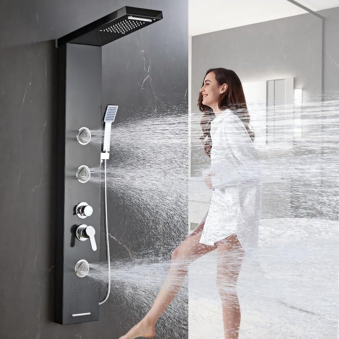 6 in1 Multi-Function Shower Panel Tower System-Brushed Black | 304 stainless steel Shower Panel Column Tower with Powerful Body Massage, Rainfall, Waterfall,Handheld and Tub Spout