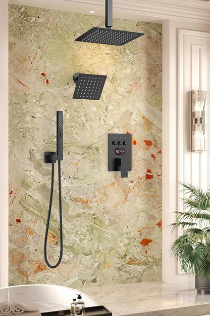 Longriver 3-Push Button Shower Faucet Set Hydro Power Temperature Display | Shower System Ceiling Mounted 10" & Wall Mounted 6" Shower Head with 3-Spary Handheld, Matte Black